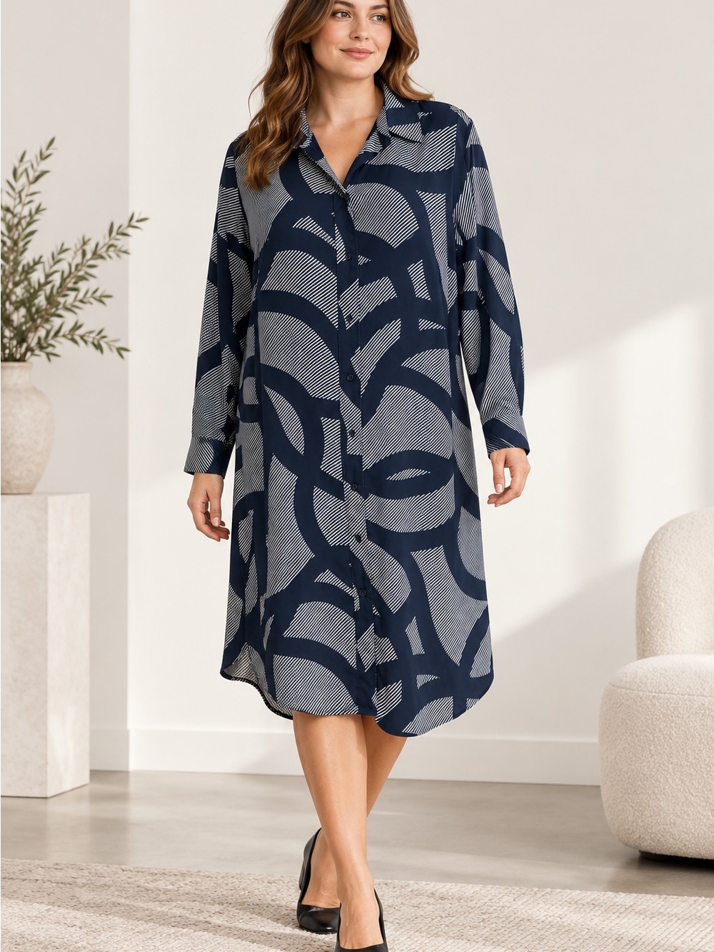 H&M Navy and Light Gray Abstract Long-Sleeve Shirt Dress